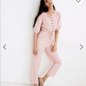 NWT Madewell Linen Blend Puff-Sleeve Tassel Tie Jumpsuit Avalon Pink Sz XXS